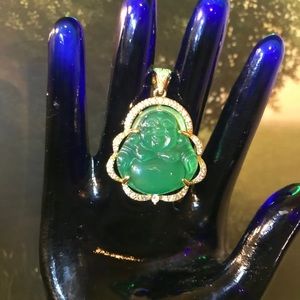 Green Buddha Resin Pendant Gold Finish Over Stainless Steel Faux Jade